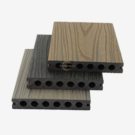 3D-WPC-Terrassendielen mit Holzmaserung und rundem Loch, dekorative WPC-Terrassendielen, Teakfarbener Co-Extrusions-WPC-Bodenbelag für Gehwege